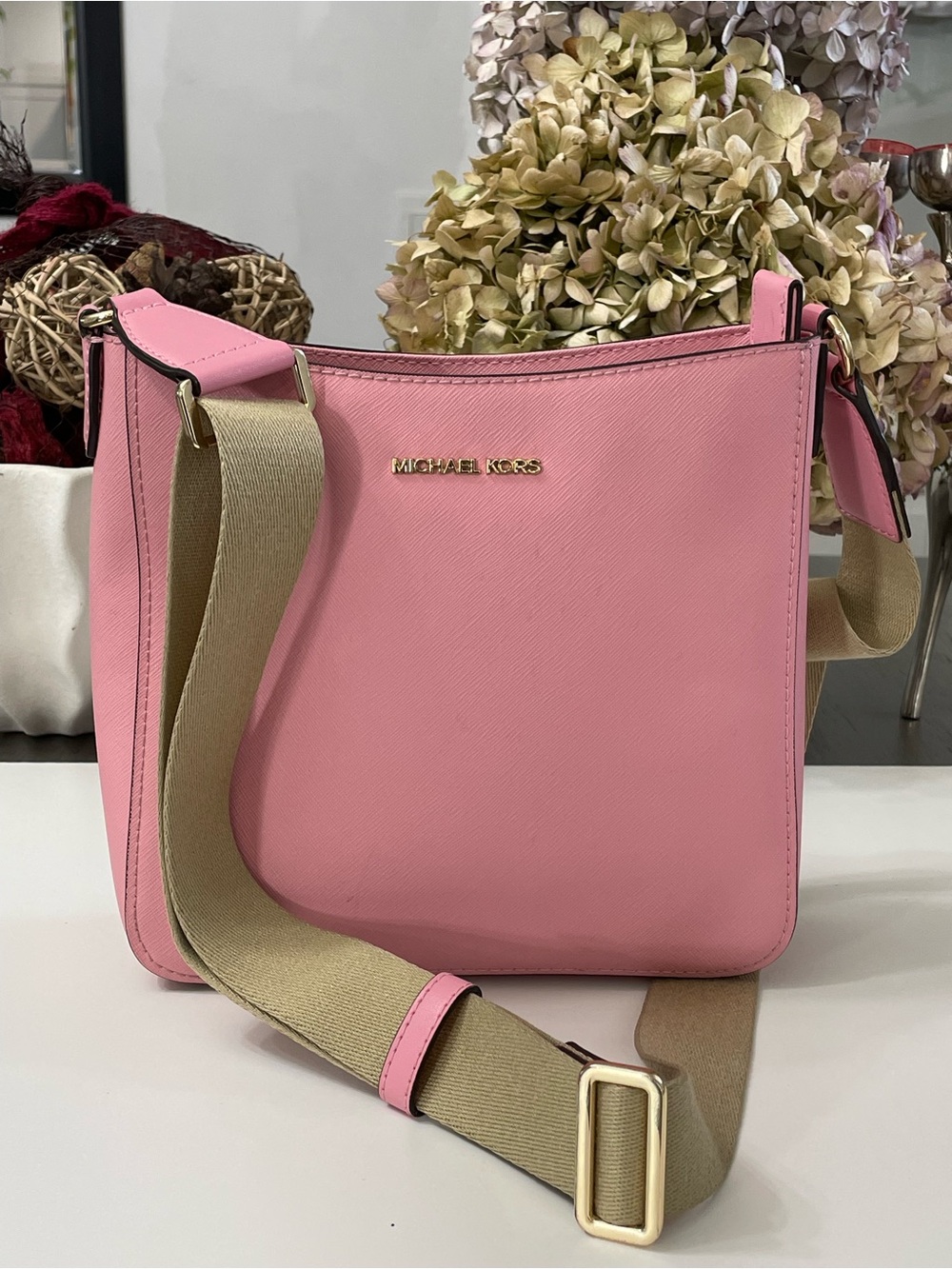Michael Kors Pink Leather Crossbody with Tan Strap